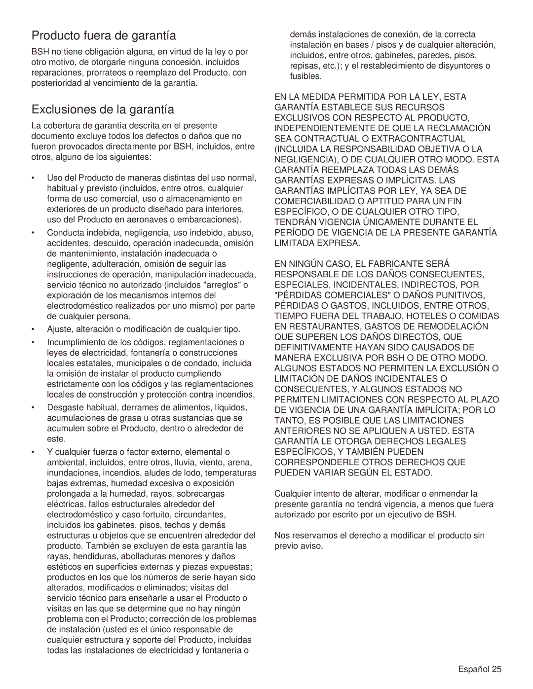 Thermador PCG48, PCG36, PCG30 manual Producto fuera de garantía, Exclusiones de la garantía 