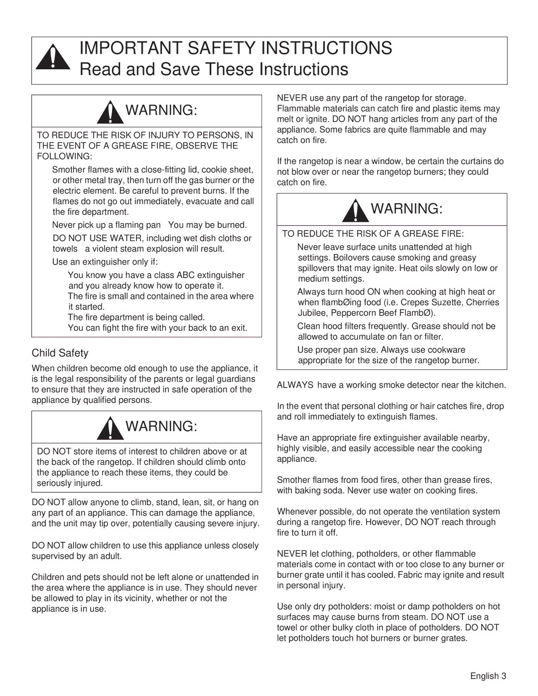 Thermador PCG30, PCG36, PCG48 manual Child Safety, To Reduce the Risk of a Grease Fire 