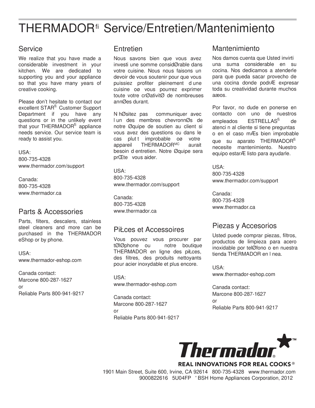 Thermador PCG30, PCG36 Service, Parts & Accessories, Entretien, Pièces et Accessoires, Mantenimiento, Piezas y Accesorios 