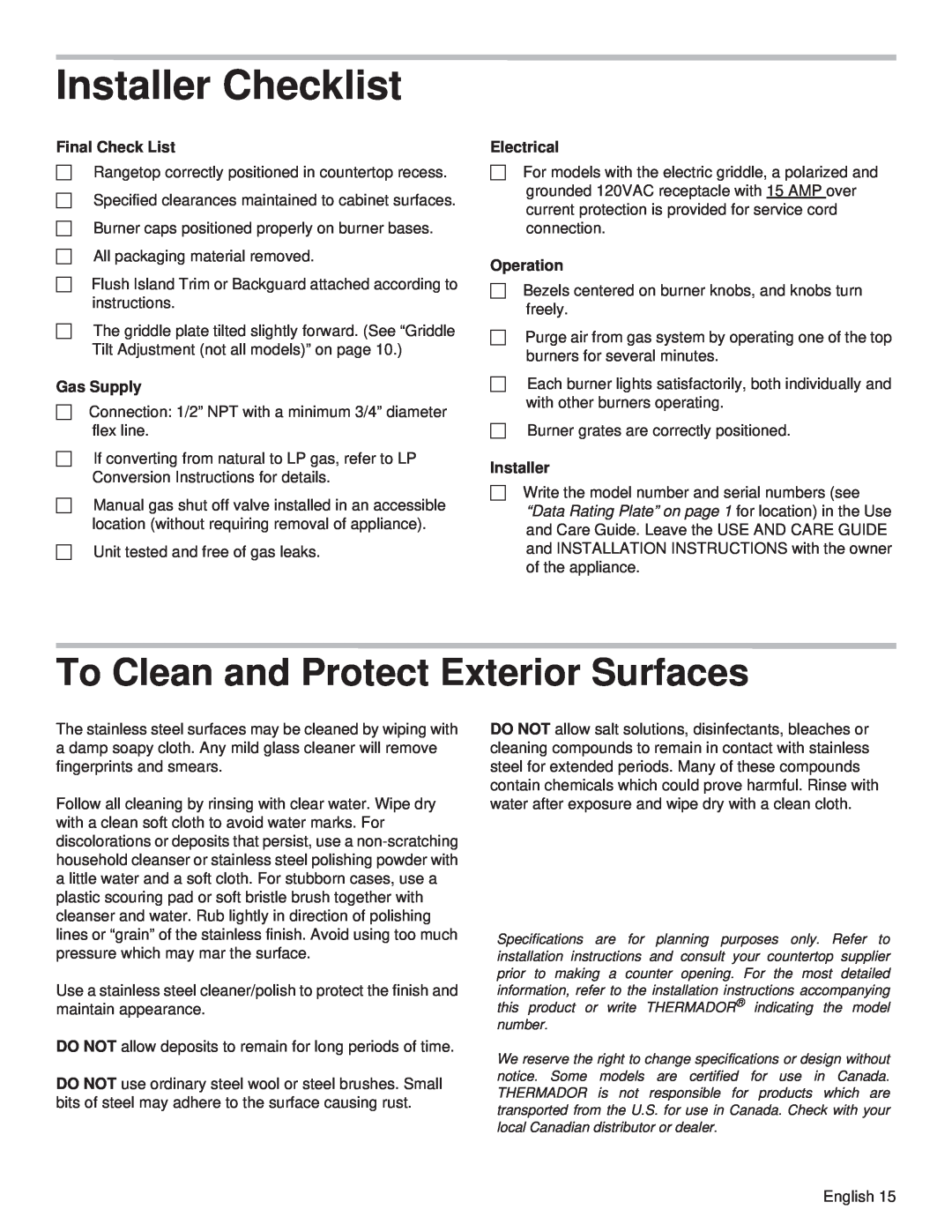 Thermador PCG30 Installer Checklist, To Clean and Protect Exterior Surfaces, Final Check List, Electrical, Operation 