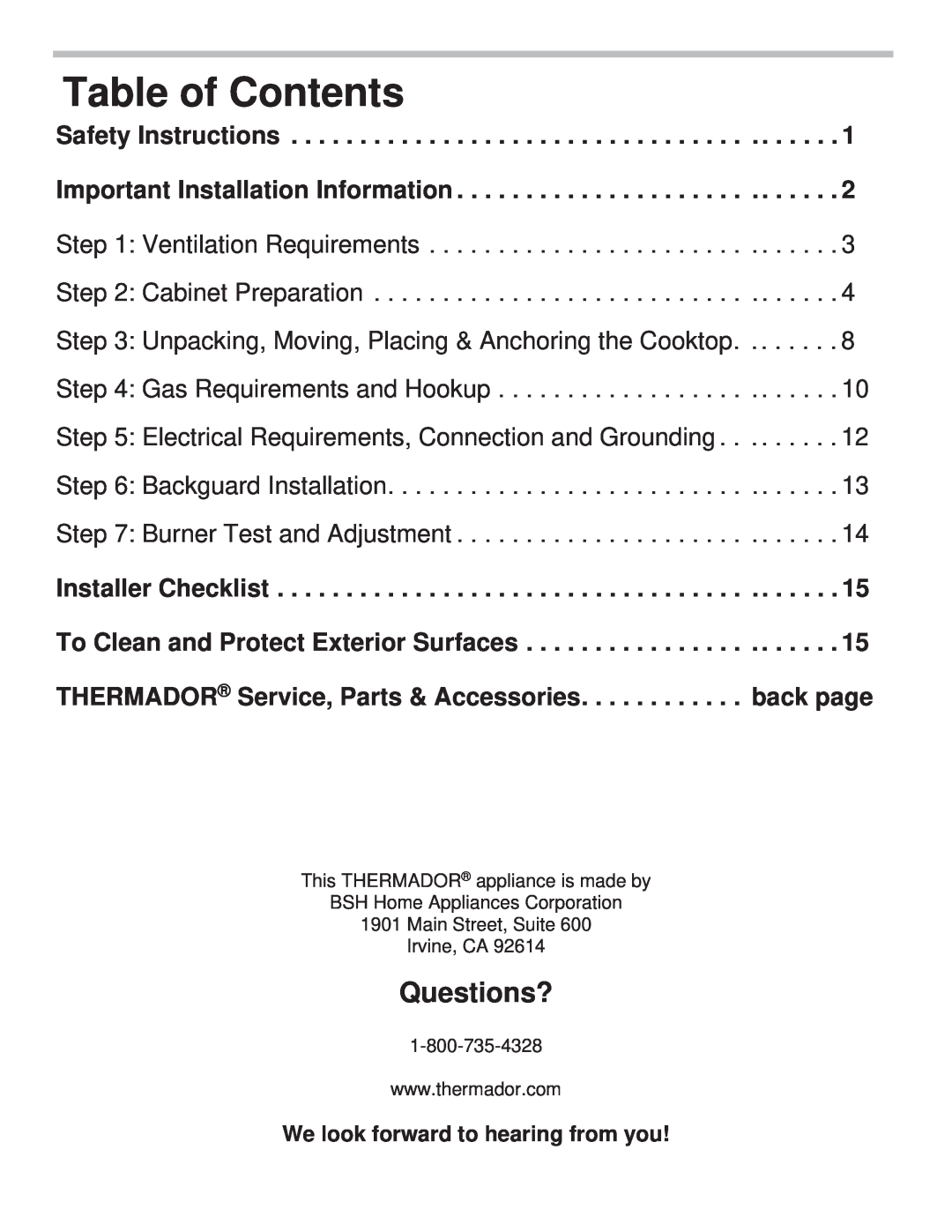Thermador PCG30, PCG36, PCG48 installation manual Table of Contents, Questions? 