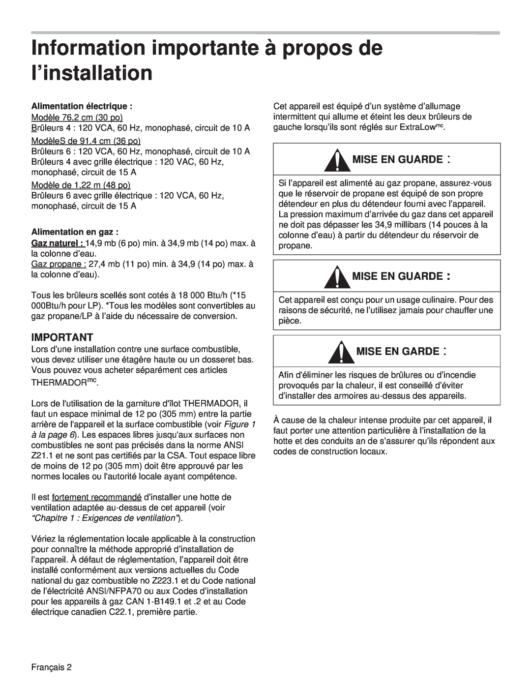 Thermador PCG30 Information importante à propos de l’installation, Mise En Guarde, Mise En Garde, Alimentation électrique 