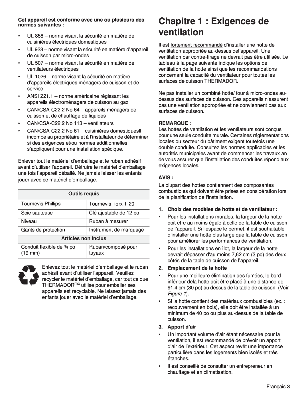 Thermador PCG36, PCG48 Outils requis, Articles non inclus, Remarque, Avis, Choix des modèles de hotte et de ventilateur 