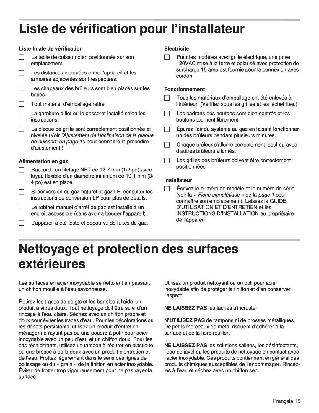 Thermador PCG36 Liste de vérification pour l’installateur, Nettoyage et protection des surfaces extérieures, Électricité 