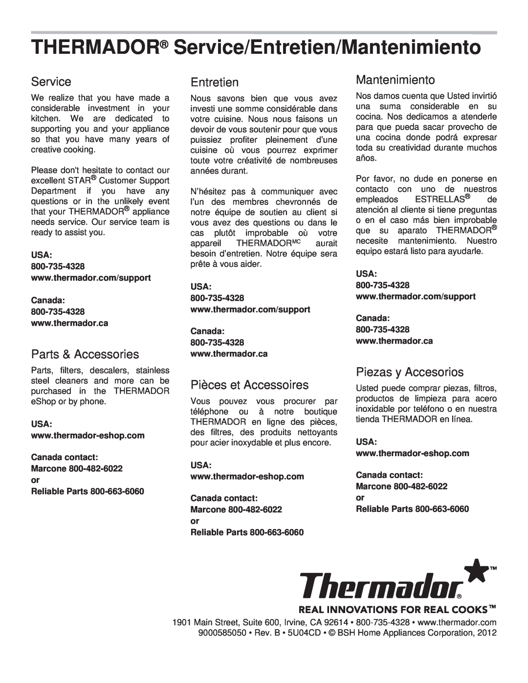 Thermador PCG30, PCG36 THERMADOR Service/Entretien/Mantenimiento, Canada contact: Marcone 800-482-6022or, Reliable Parts 