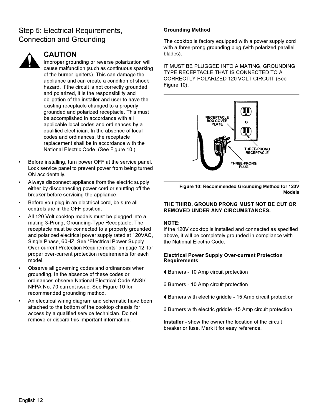 Thermador PCG30, PCG36, PCG48 installation manual Electrical Requirements, Connection and Grounding, Grounding Method 