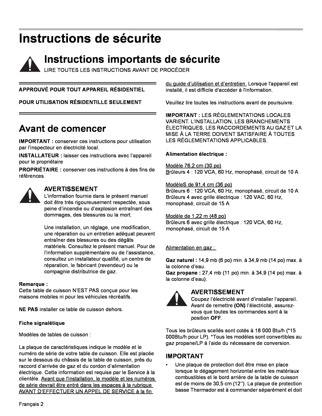 Thermador PCG30 Instructions de sécurite, Instructions importants de sécurite, Avant de comencer, Avertissement, Remarque 