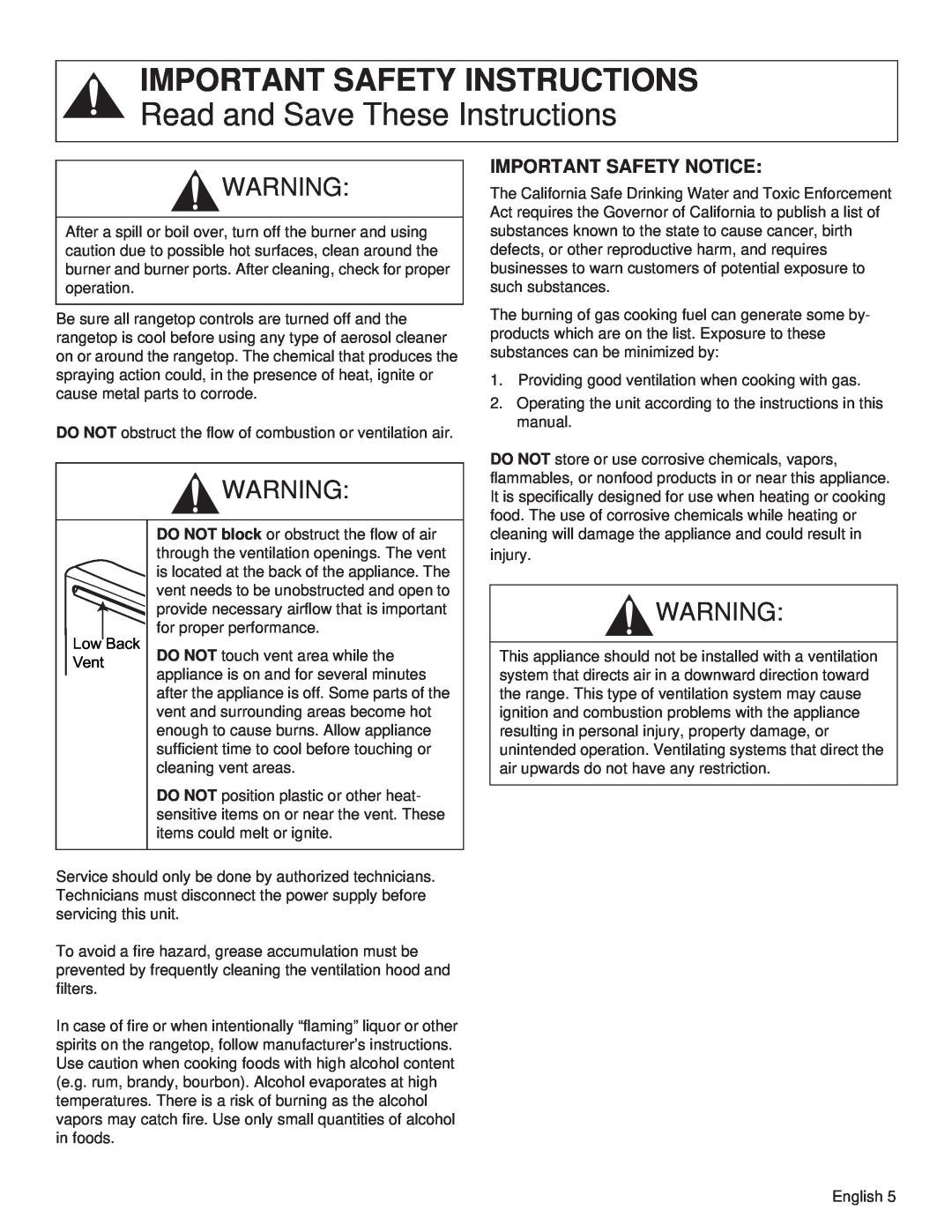 Thermador PCG48 manual Important Safety Instructions, Read and Save These Instructions, Important Safety Notice, Back, Vent 