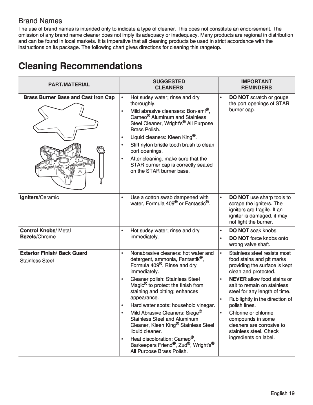 Thermador PCG36, PCG48, PCG30 manual Cleaning Recommendations, Brand Names 