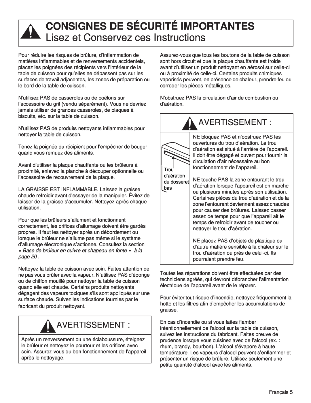 Thermador PCG48 Consignes De Sécurité Importantes, Lisez et Conservez ces Instructions, Avertissement, Trou, d’aération 