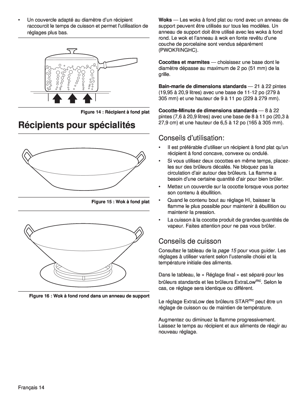 Thermador PCG48, PCG36, PCG30 manual Récipients pour spécialités, Conseils d’utilisation, Conseils de cuisson 