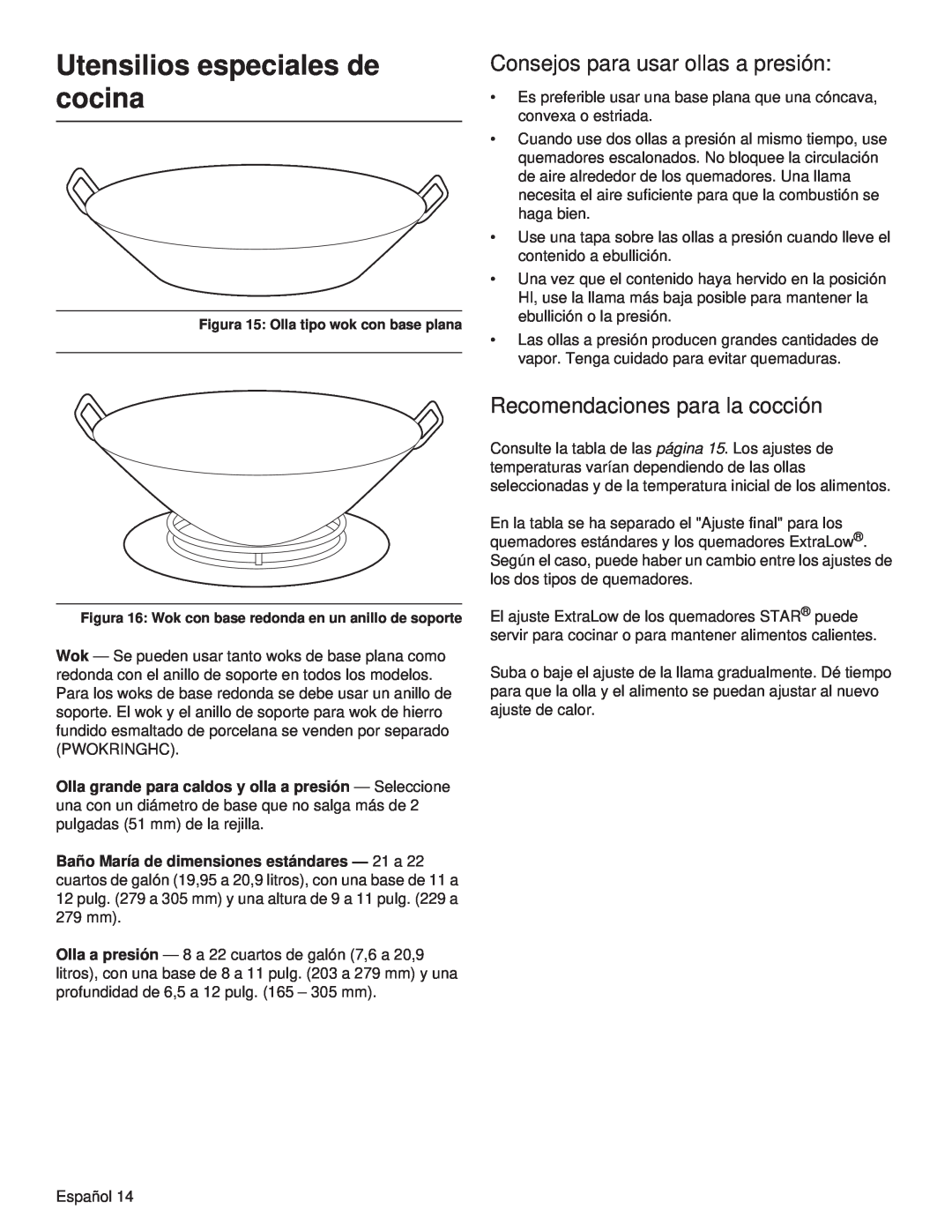 Thermador PCG30 manual Utensilios especiales de cocina, Consejos para usar ollas a presión, Recomendaciones para la cocción 