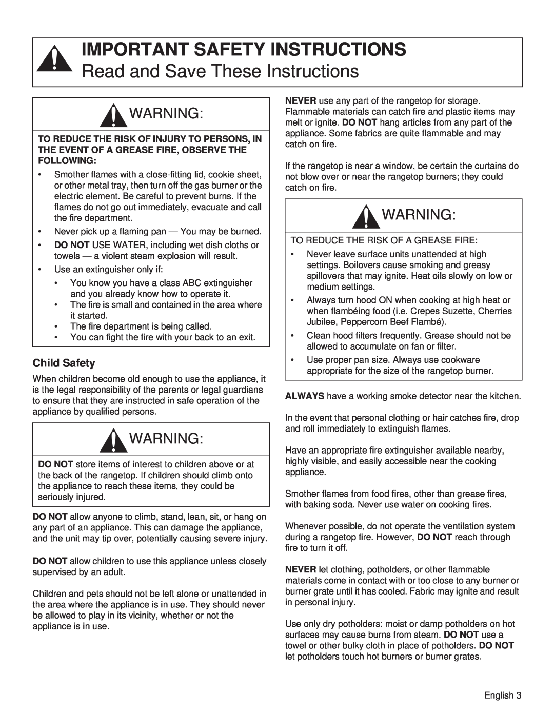 Thermador PCG30, PCG36, PCG48 manual Important Safety Instructions, Read and Save These Instructions, Child Safety 