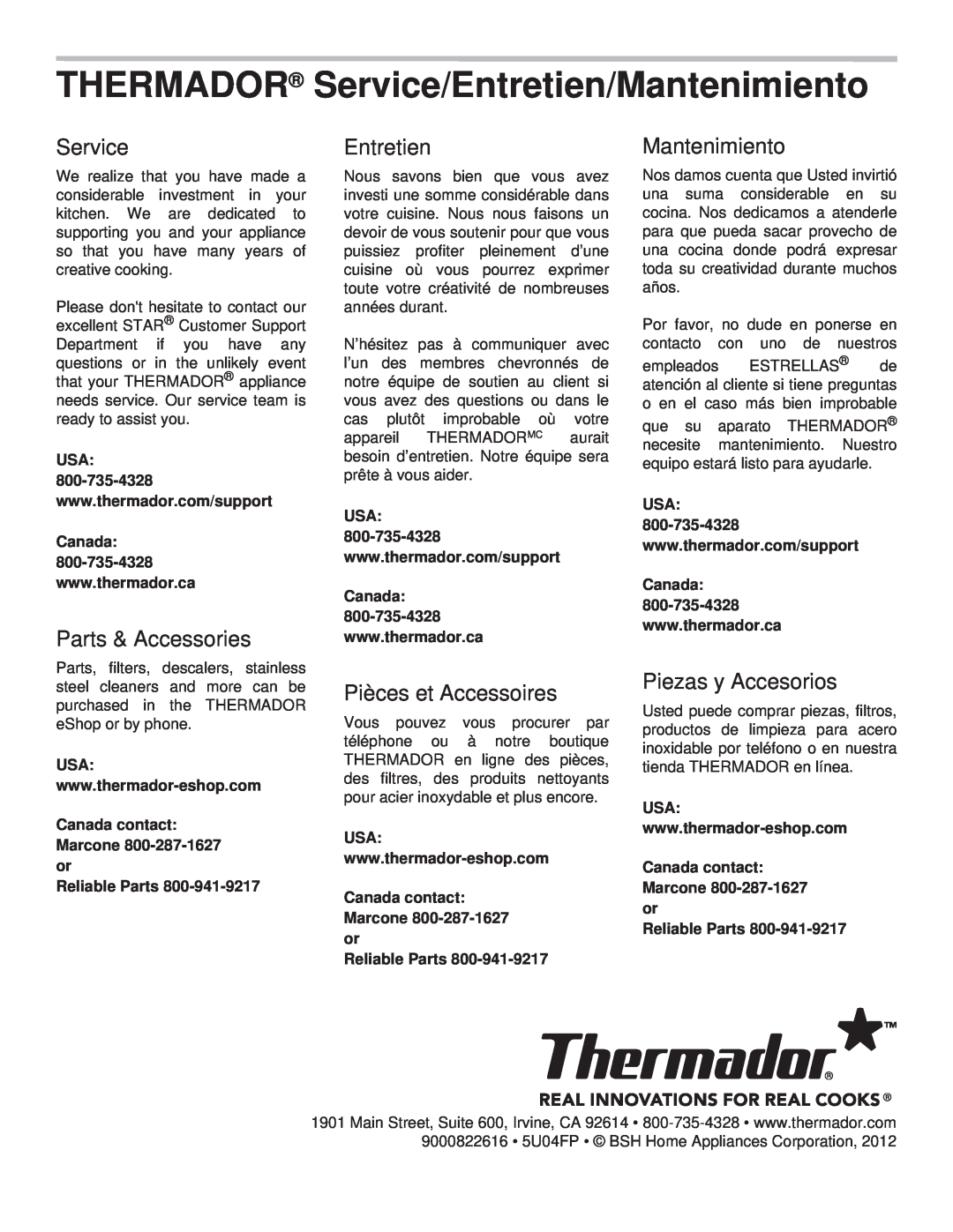 Thermador PCG30 THERMADOR Service/Entretien/Mantenimiento, Parts & Accessories, Pièces et Accessoires, Piezas y Accesorios 