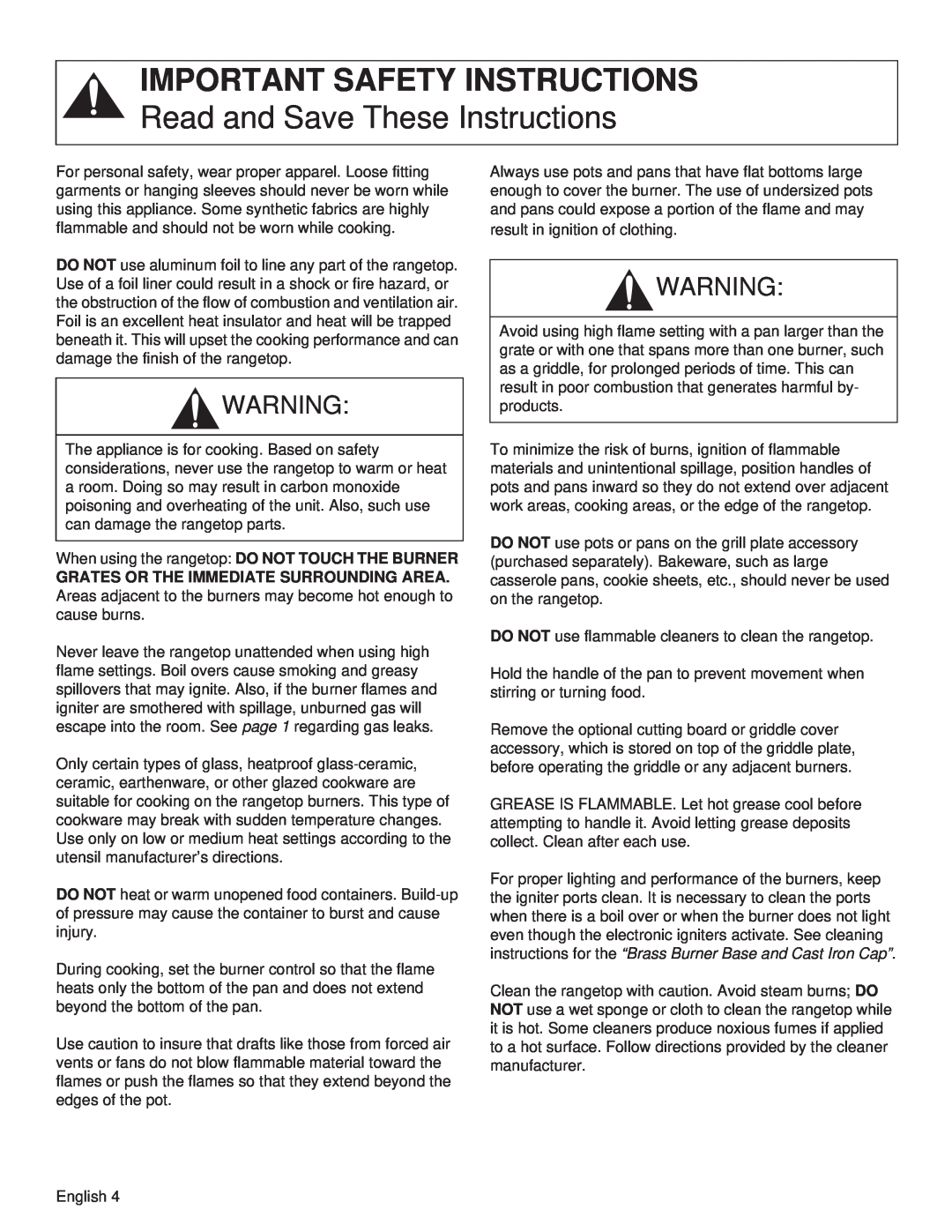 Thermador PCG36, PCG48, PCG30 manual Important Safety Instructions, Read and Save These Instructions 