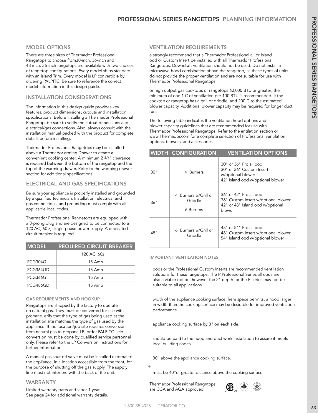 Thermador PCG486GD manual PROFESSIOnaL Series RanGETOPS PLannInG InFORmaTIOn 