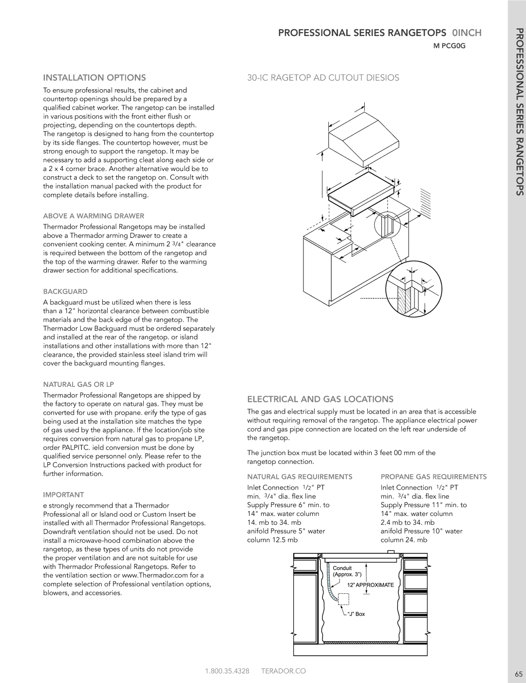 Thermador PCG486GD manual InSTaLLaTIOn OPTIOnS, Inch Rangetop and CuTOuT Dimensions, ELECTRICaL anD GaS LOCaTIOnS 