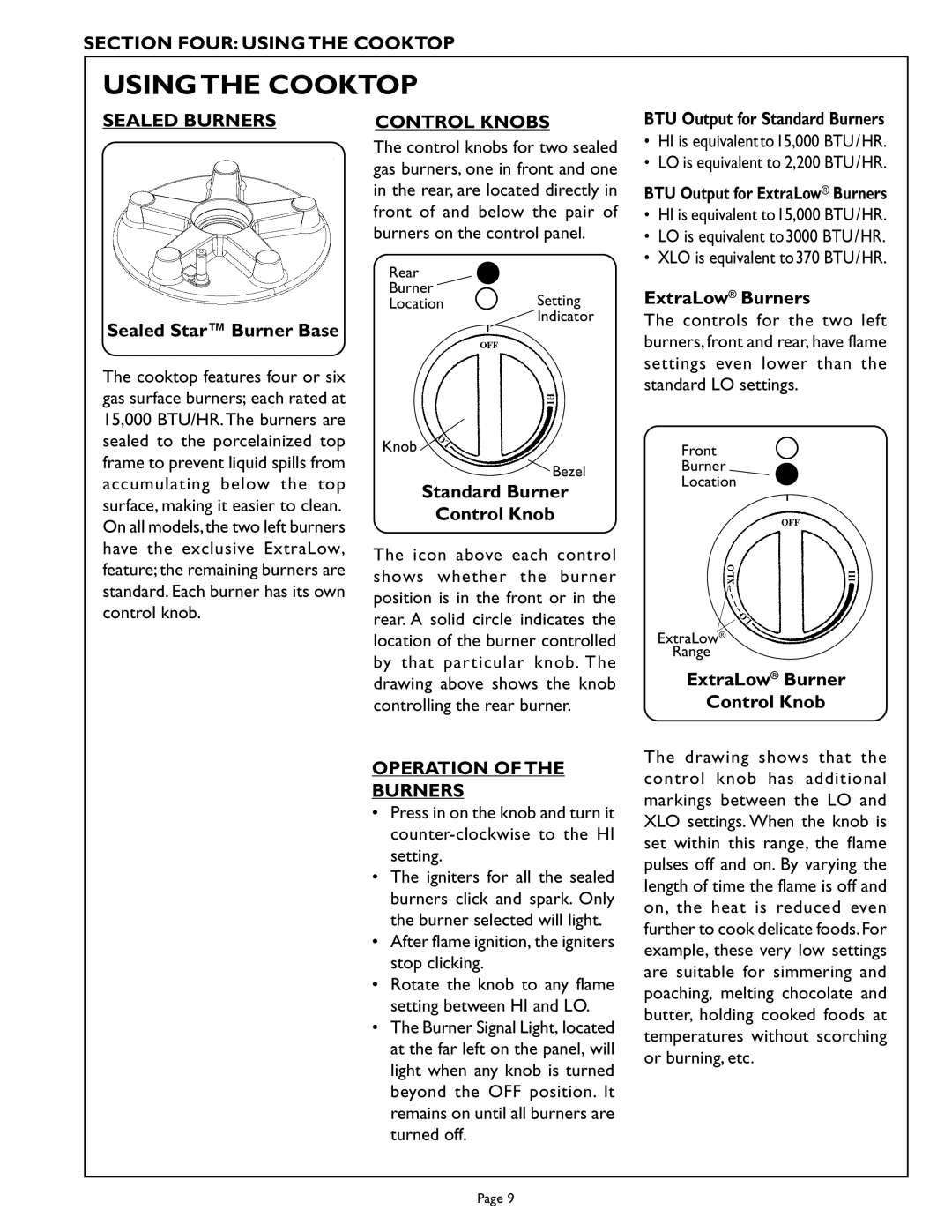 Thermador PCS366, PCS486GD manual Section Four Using the Cooktop, Sealed Burners Control Knobs, Operation of the Burners 