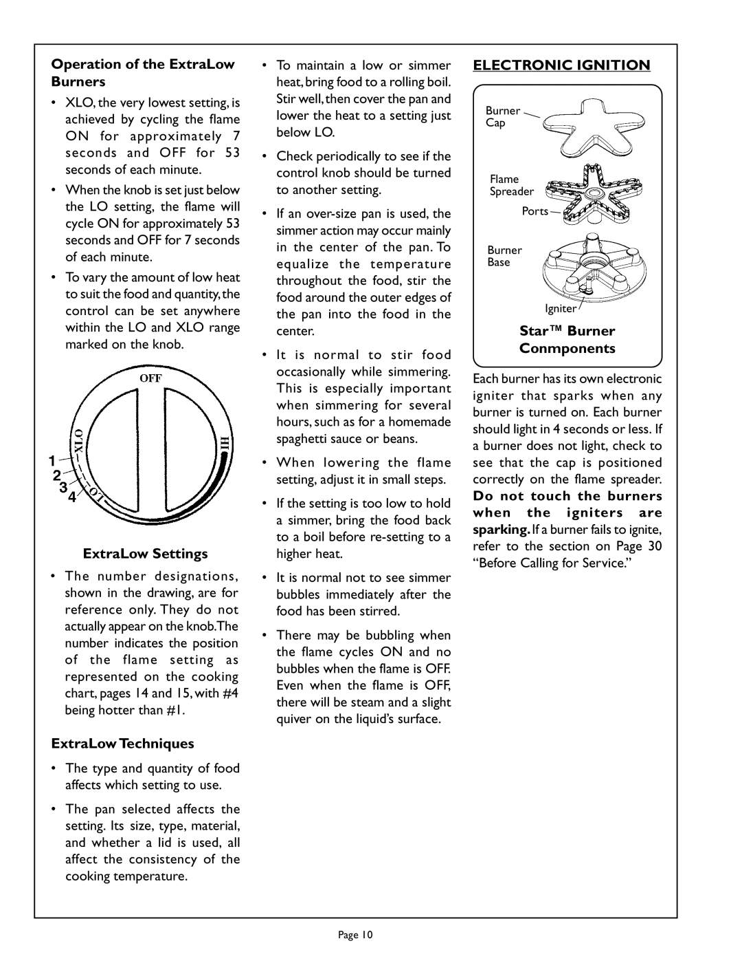 Thermador PCS364GD, PCS366 Operation of the ExtraLow Burners, ExtraLow Settings, ExtraLow Techniques, Electronic Ignition 