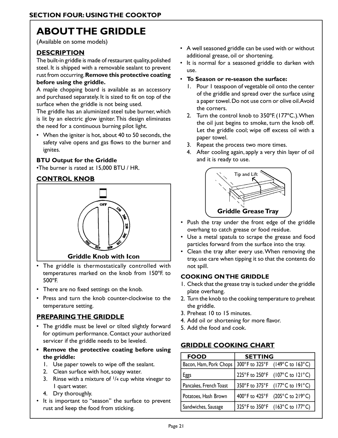 Thermador PCS364GL, PCS486GD About the Griddle, Description, Control Knob, Preparing the Griddle, Griddle Cooking Chart 