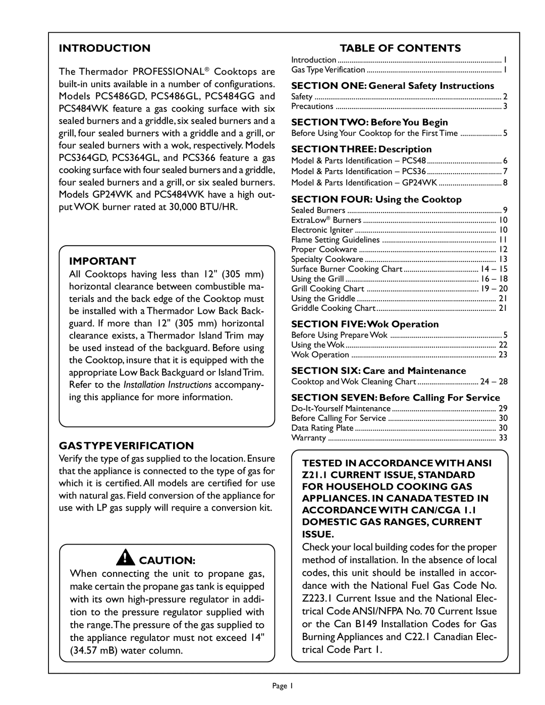 Thermador PCS486GL, PCS486GD, PCS484WK, PCS364GL, PCS366, PCS364GD manual Introduction, GAS Type Verification, Table of Contents 