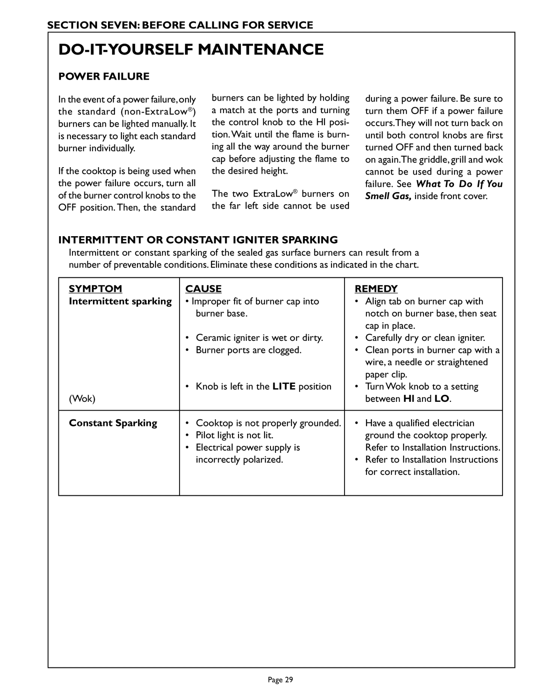 Thermador PCS486GL, PCS486GD DO-IT-YOURSELF Maintenance, Section Seven Before Calling for Service, Intermittent sparking 