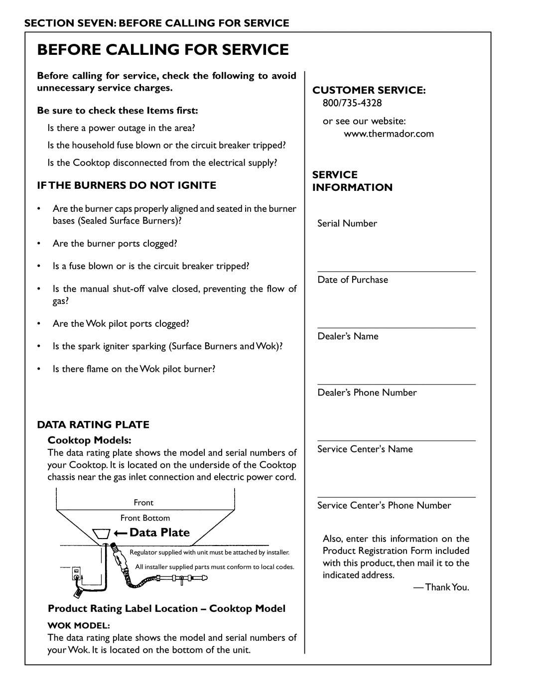 Thermador PCS366, PCS486GD Before Calling for Service, If the Burners do not Ignite, Data Rating Plate, Customer Service 