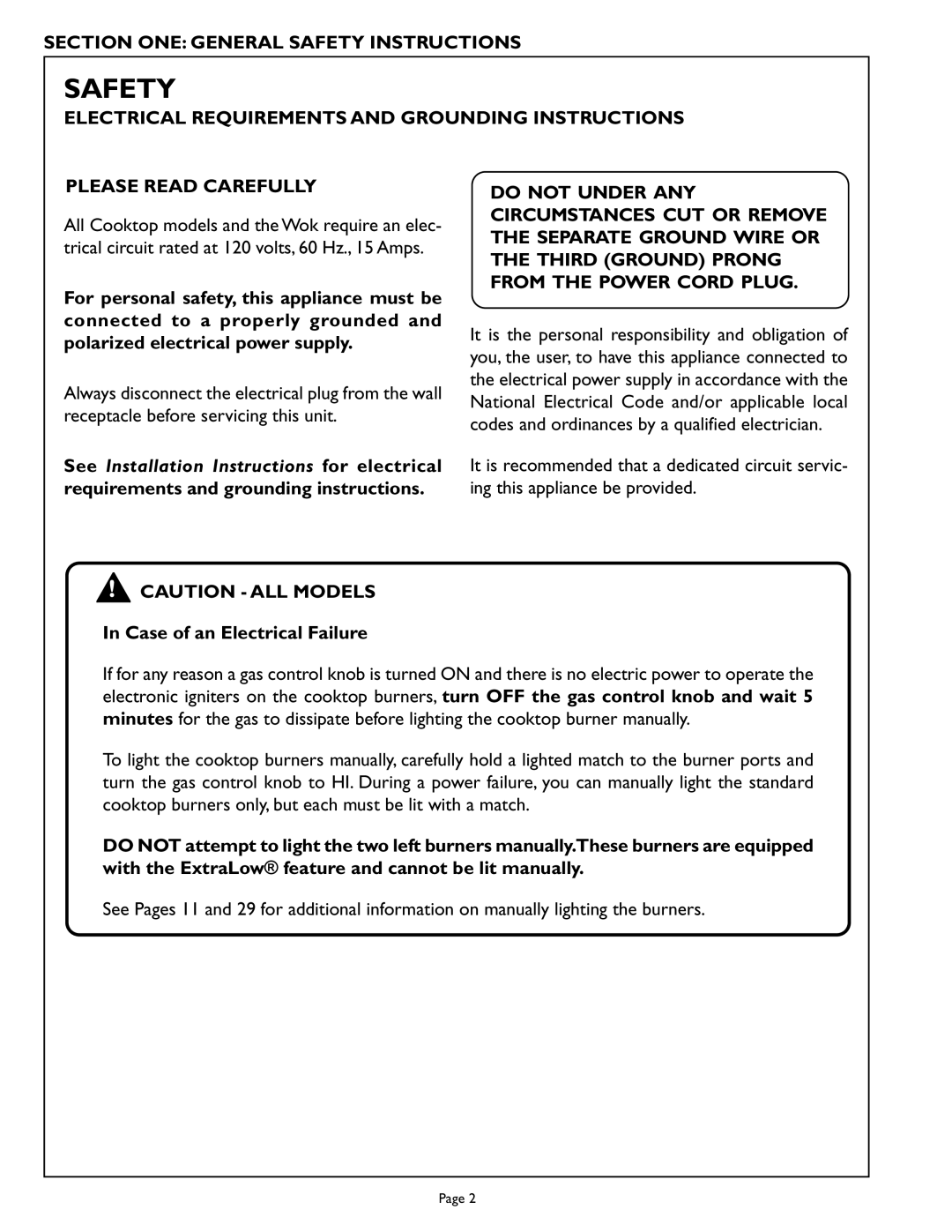 Thermador PCS366, PCS486GD, PCS484WK, PCS364GL, PCS486GL, PCS364GD, PCS484GG manual Section ONE General Safety Instructions 