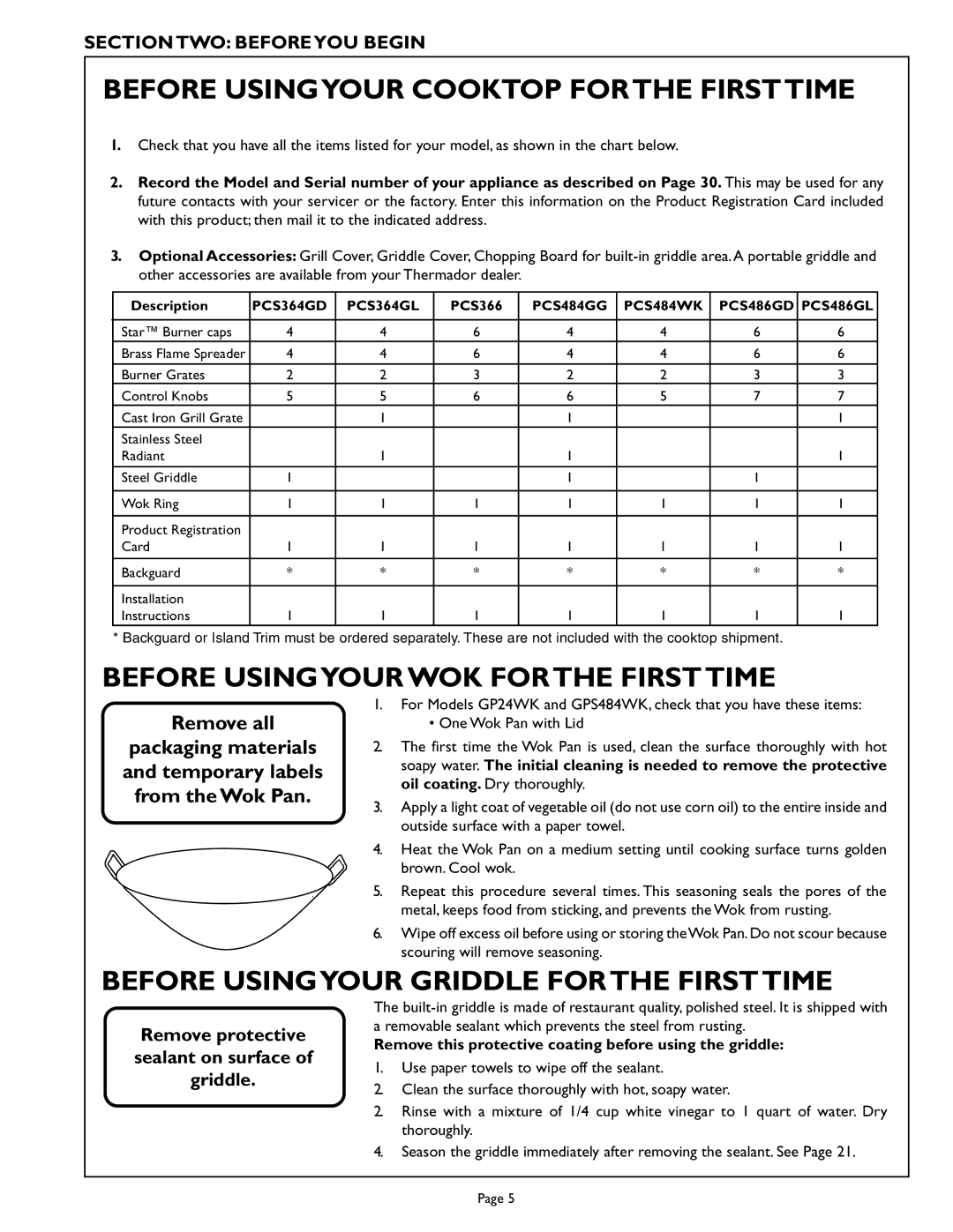 Thermador PCS486GD, PCS484WK, PCS364GL Before Usingyour Cooktop for the First Time, Before Usingyour WOK for the First Time 