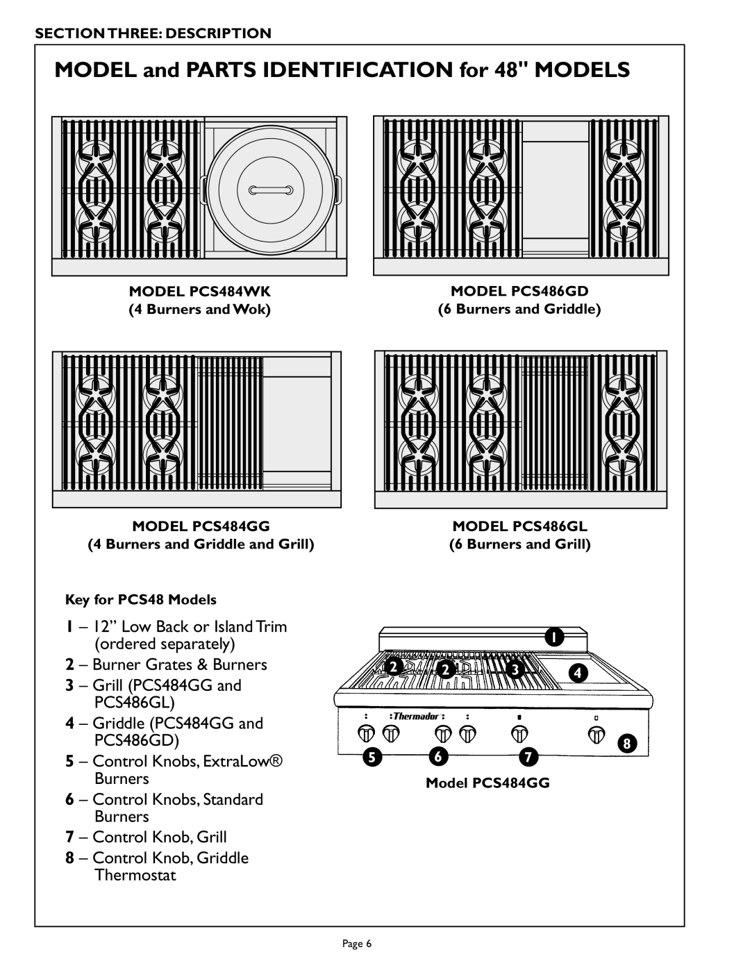 Thermador Section Three Description, Model PCS484WK Model PCS486GD, Burners and Griddle, Model PCS484GG Model PCS486GL 