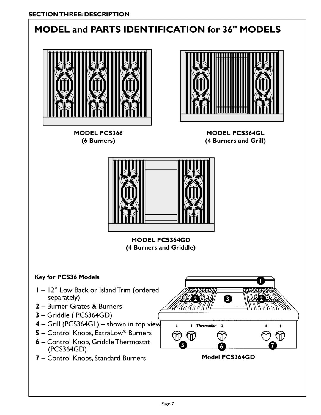 Thermador PCS486GD, PCS484WK, PCS486GL, PCS484GG Model PCS366, Burners Model PCS364GL 4 Burners and Grill, Model PCS364GD 