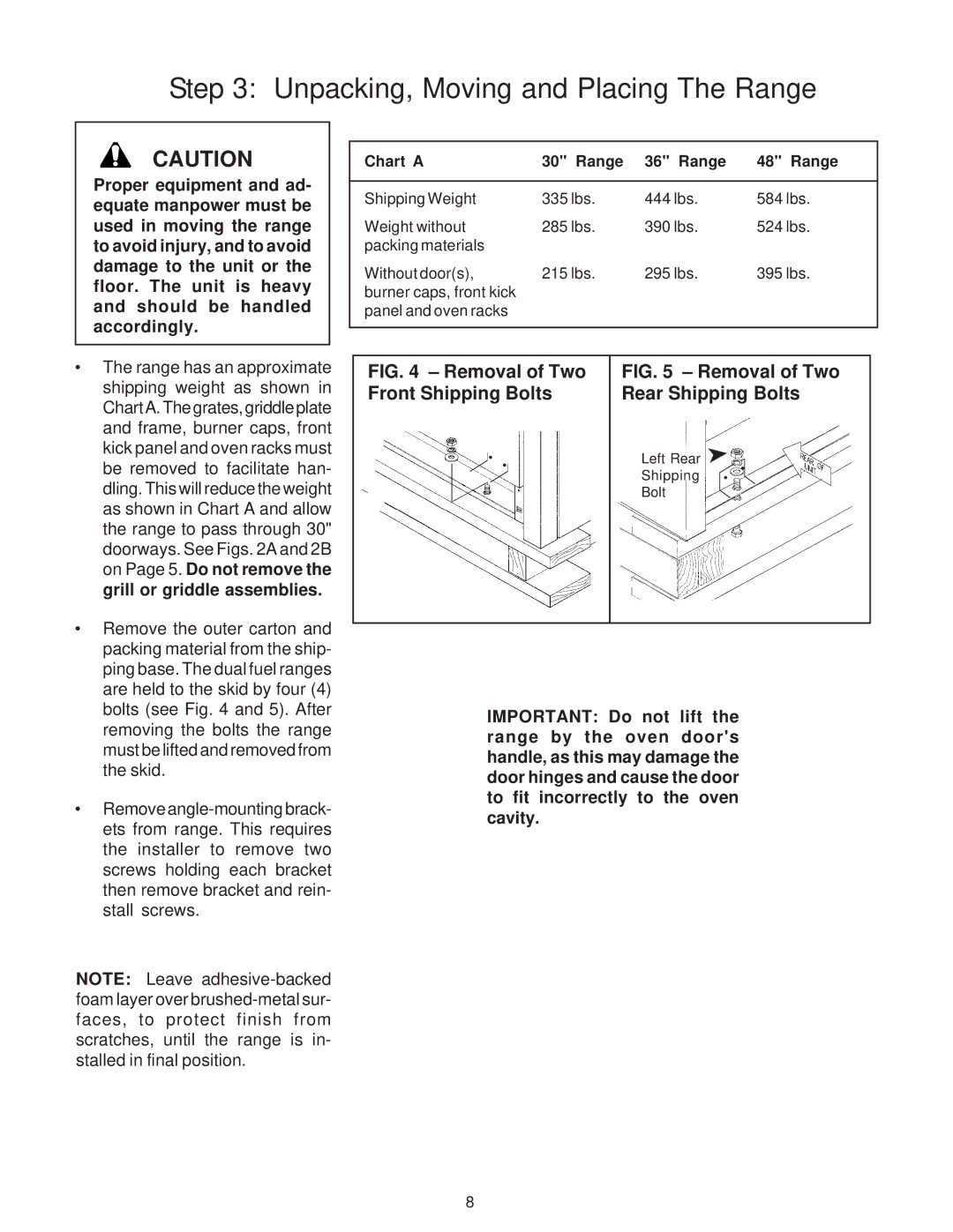 Thermador PD30, PD36, PD48 Unpacking, Moving and Placing The Range, On Page 5. Do not remove, Grill or griddle assemblies 