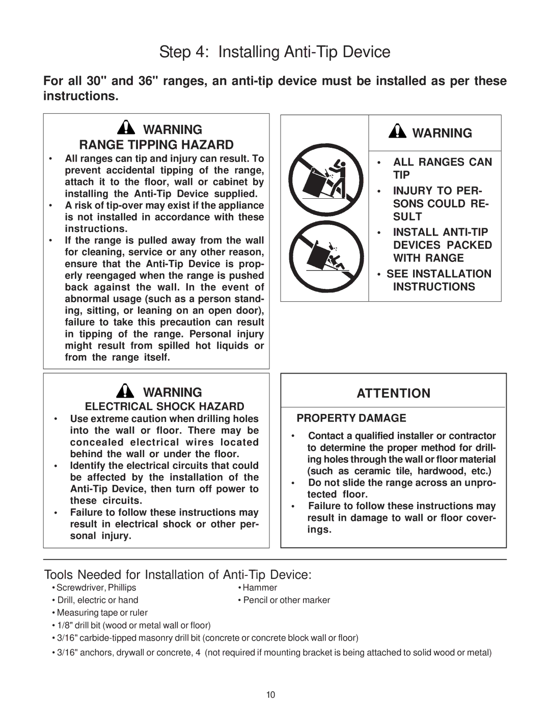 Thermador PD30, PD36, PD48 installation instructions Installing Anti-Tip Device, Range Tipping Hazard, Property Damage 