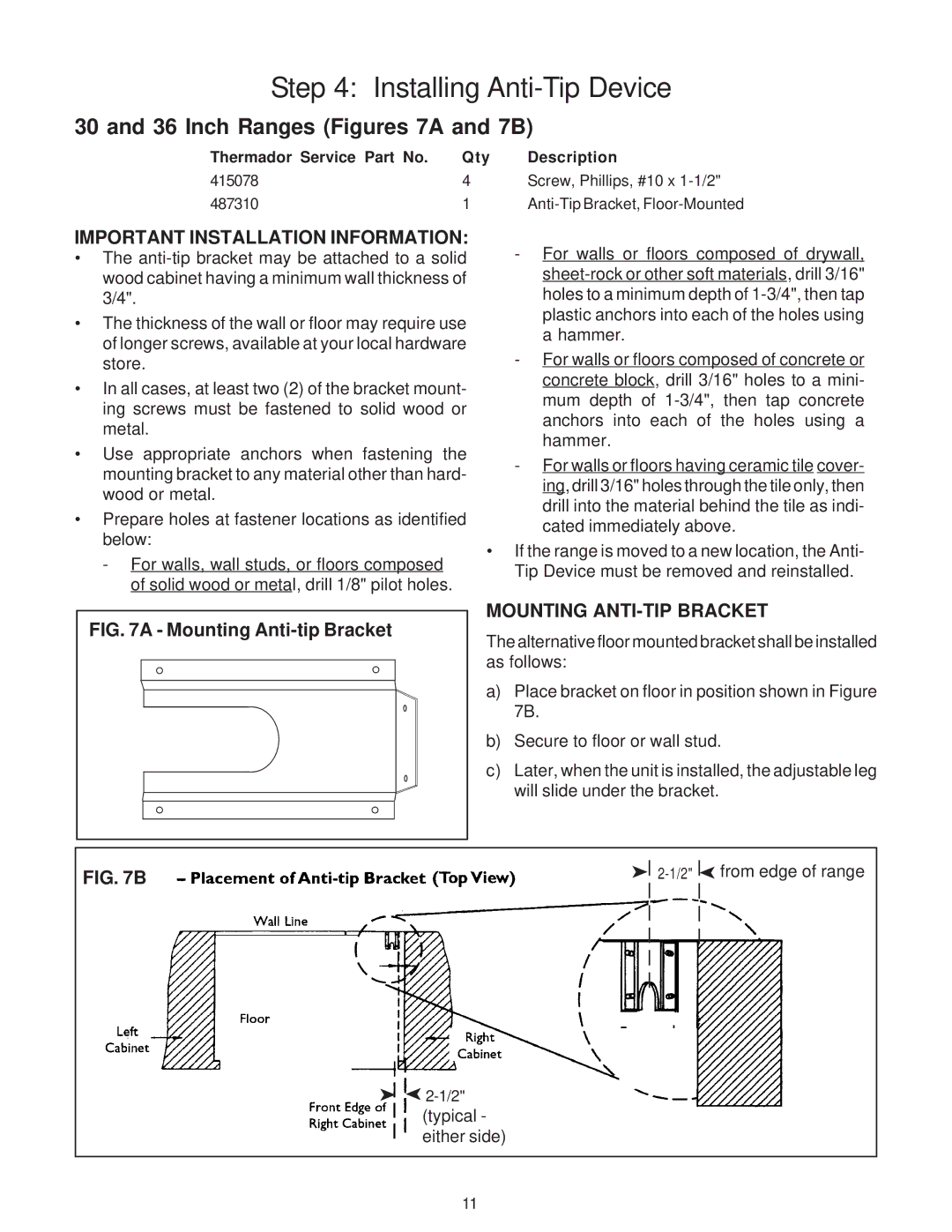 Thermador PD30, PD36, PD48 Inch Ranges Figures 7A and 7B, Important Installation Information, Mounting ANTI-TIP Bracket 