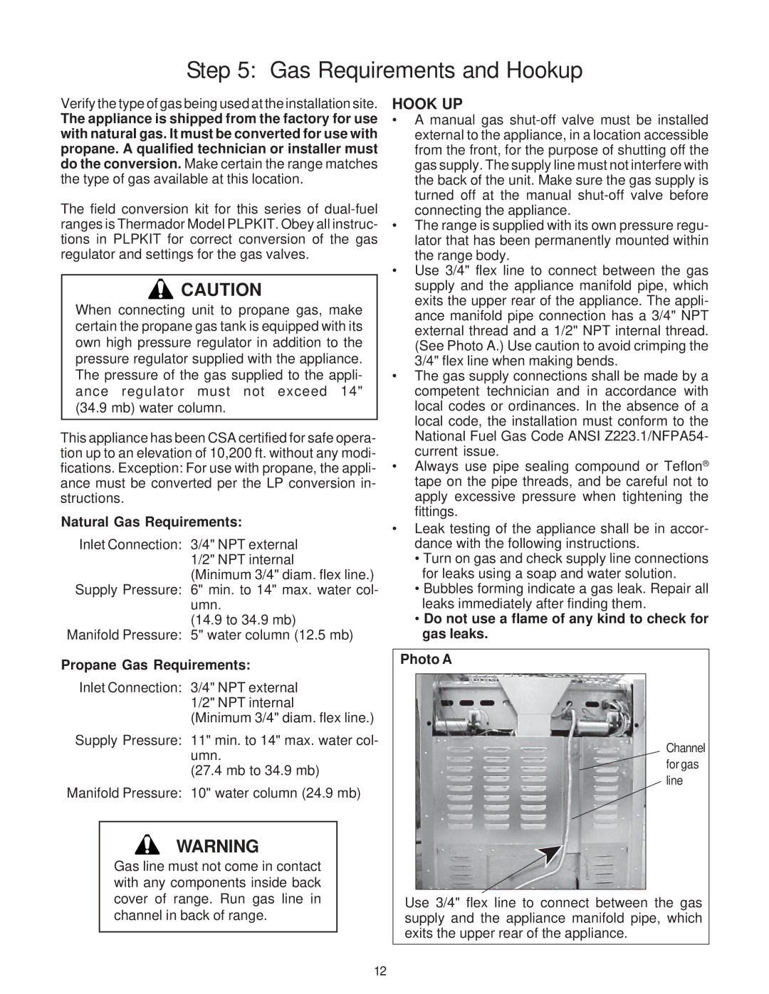 Thermador PD30, PD36, PD48 Gas Requirements and Hookup, Hook UP, Natural Gas Requirements, Propane Gas Requirements 