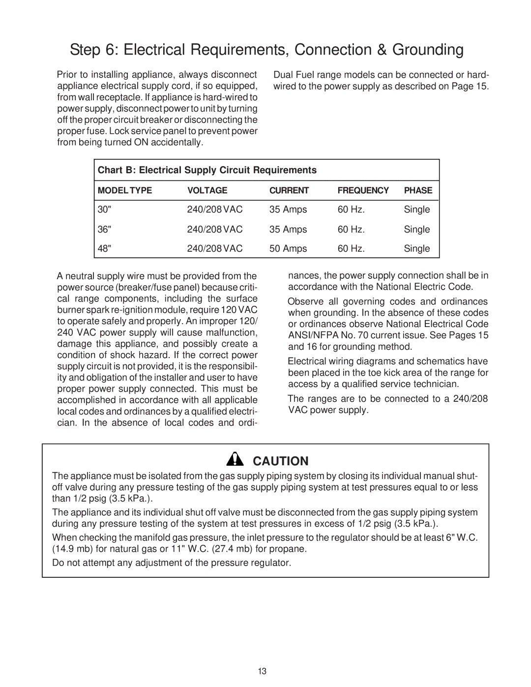 Thermador PD30, PD36, PD48 Electrical Requirements, Connection & Grounding, Chart B Electrical Supply Circuit Requirements 