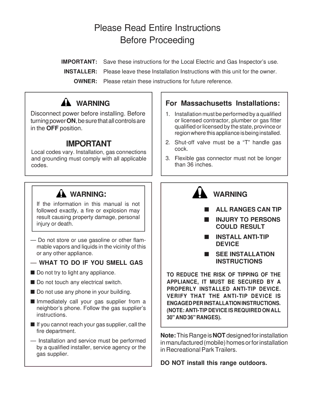 Thermador PD30, PD36, PD48 Please Read Entire Instructions Before Proceeding, For Massachusetts Installations 