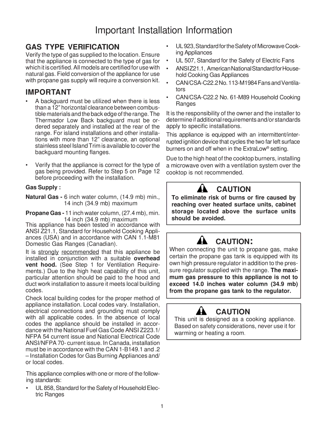 Thermador PD30, PD36, PD48 installation instructions Important Installation Information, GAS Type Verification, Gas Supply 