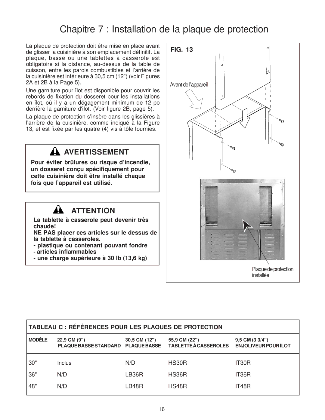 Thermador PD30, PD36, PD48 installation instructions Chapitre 7 Installation de la plaque de protection 