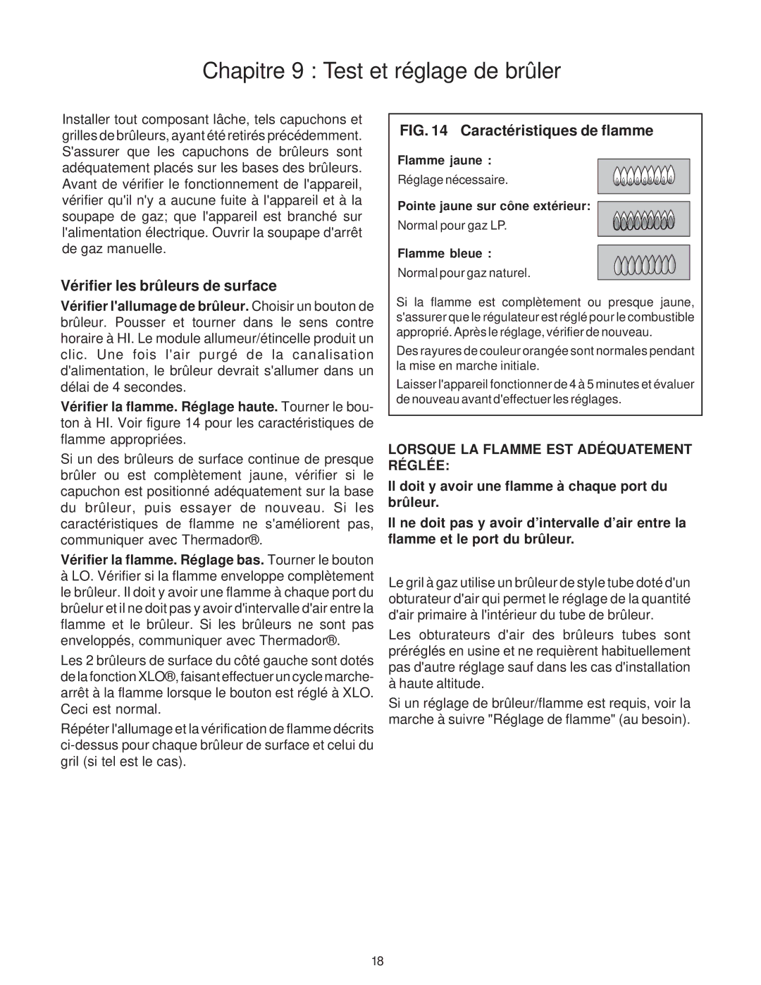 Thermador PD30, PD36, PD48 Chapitre 9 Test et réglage de brûler, Vérifier la flamme. Réglage bas. Tourner le bouton 