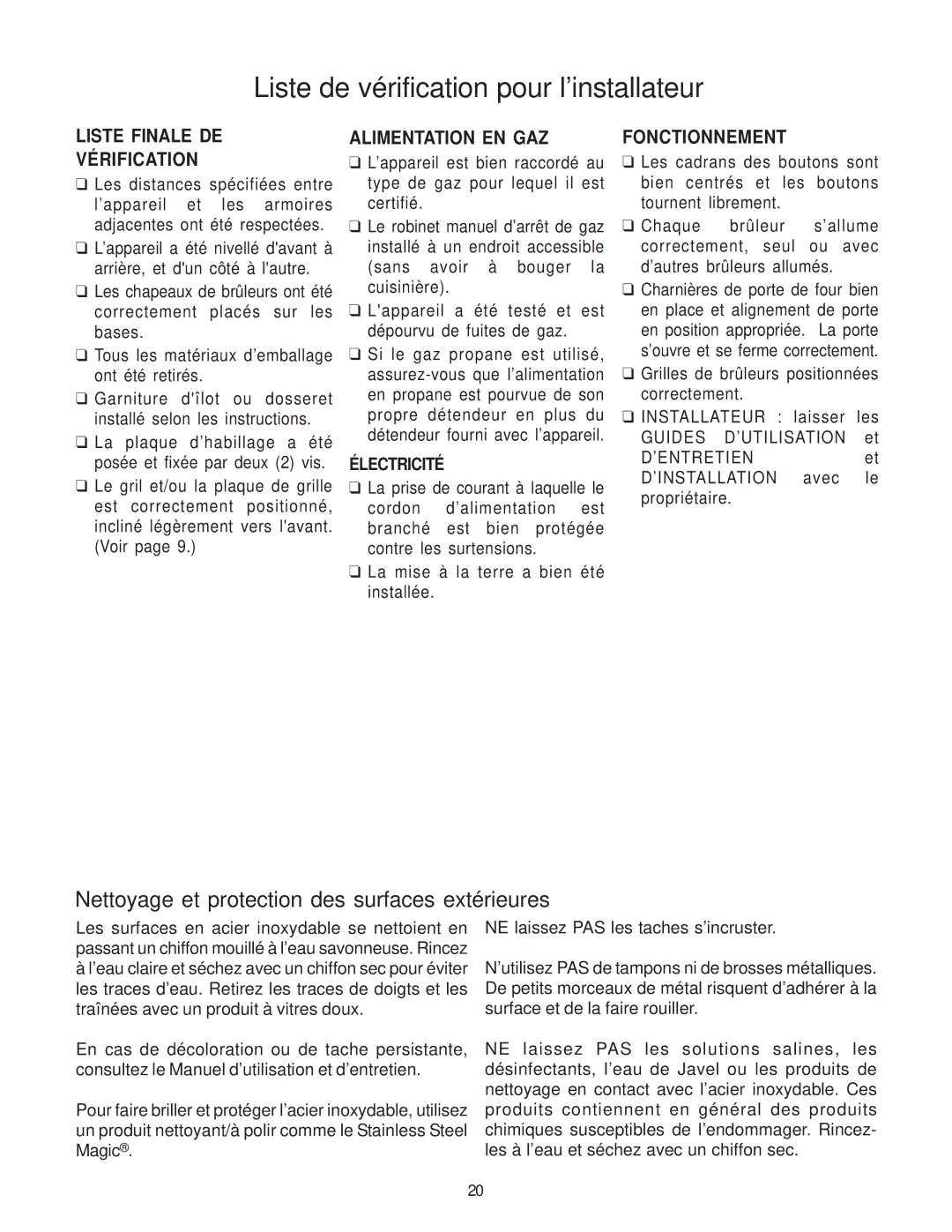 Thermador PD30, PD36, PD48 Liste de vérification pour l’installateur, Liste Finale DE Vérification, Alimentation EN GAZ 