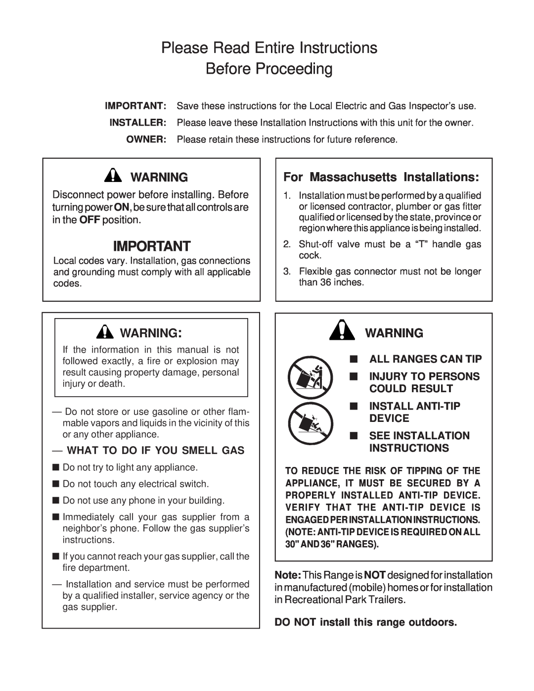 Thermador PD30, PD36, PD48 Please Read Entire Instructions Before Proceeding, For Massachusetts Installations 