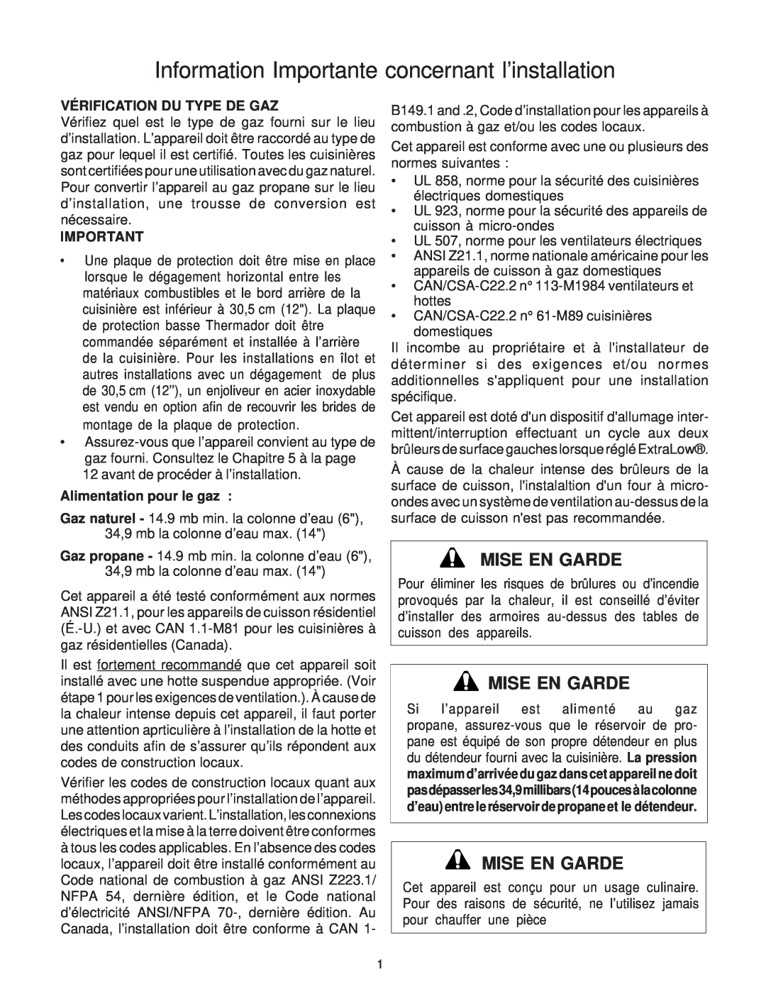 Thermador PD30, PD36, PD48 Information Importante concernant l’installation, Mise En Garde, Vérification Du Type De Gaz 