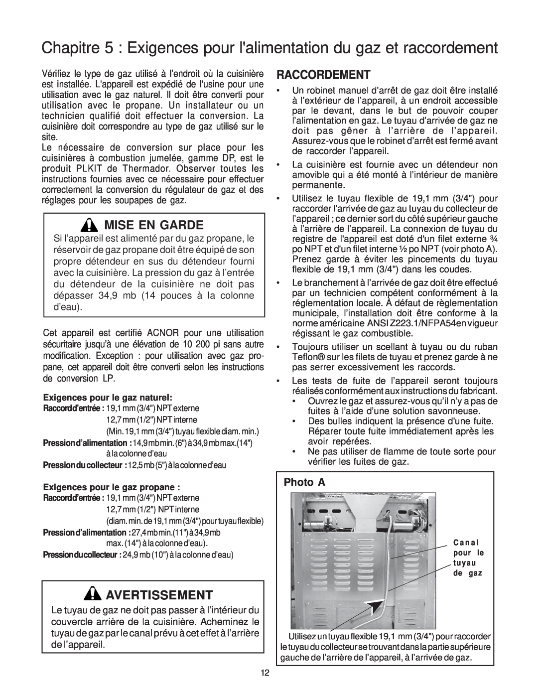 Thermador PD30, PD36, PD48 Chapitre 5 Exigences pour lalimentation du gaz et raccordement, Raccordement, Photo A 