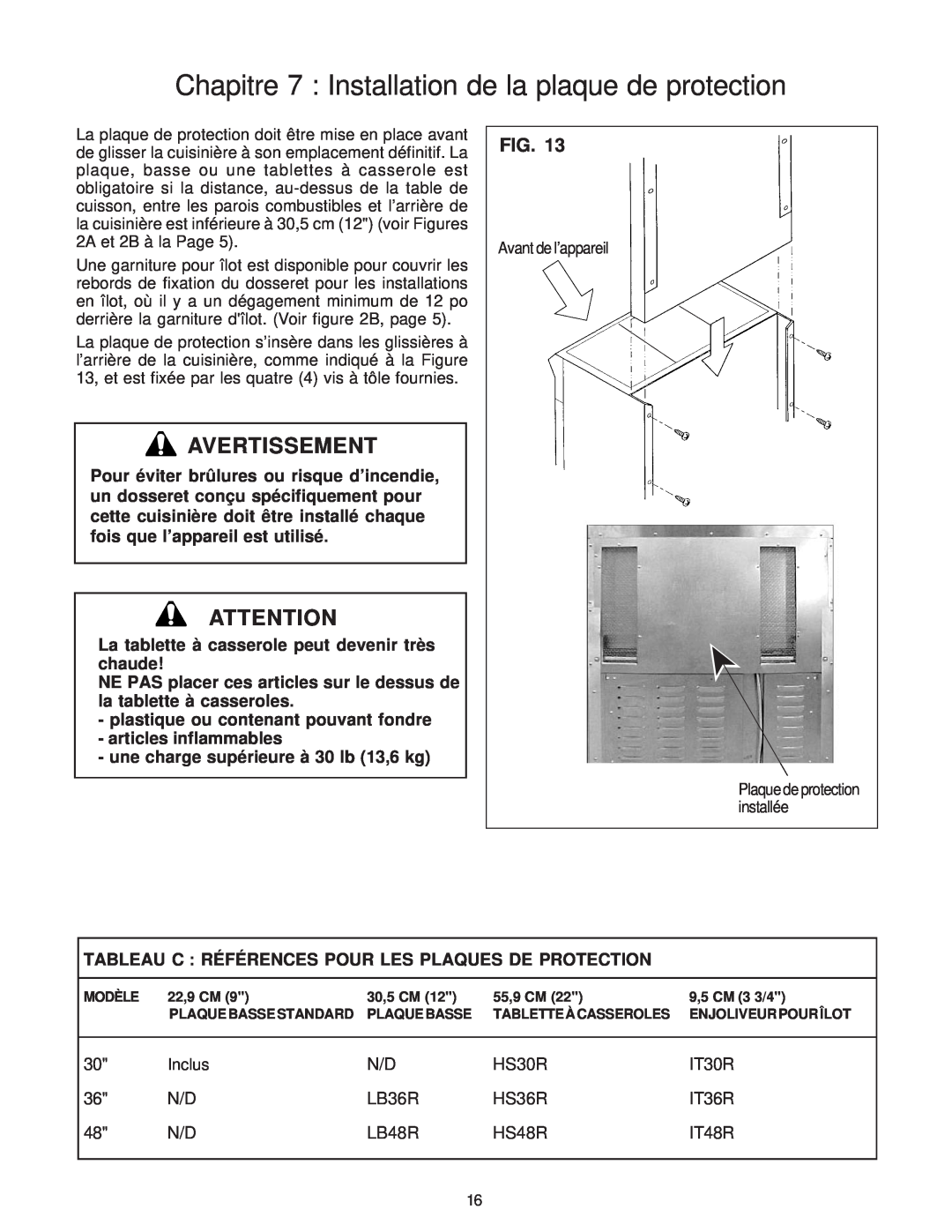 Thermador PD30, PD36, PD48 installation instructions Chapitre 7 Installation de la plaque de protection, Avertissement 