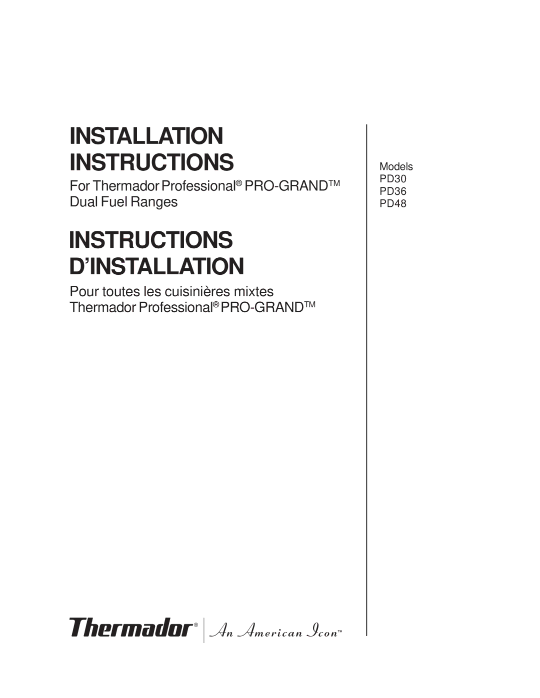 Thermador PD30 installation instructions Installation Instructions 