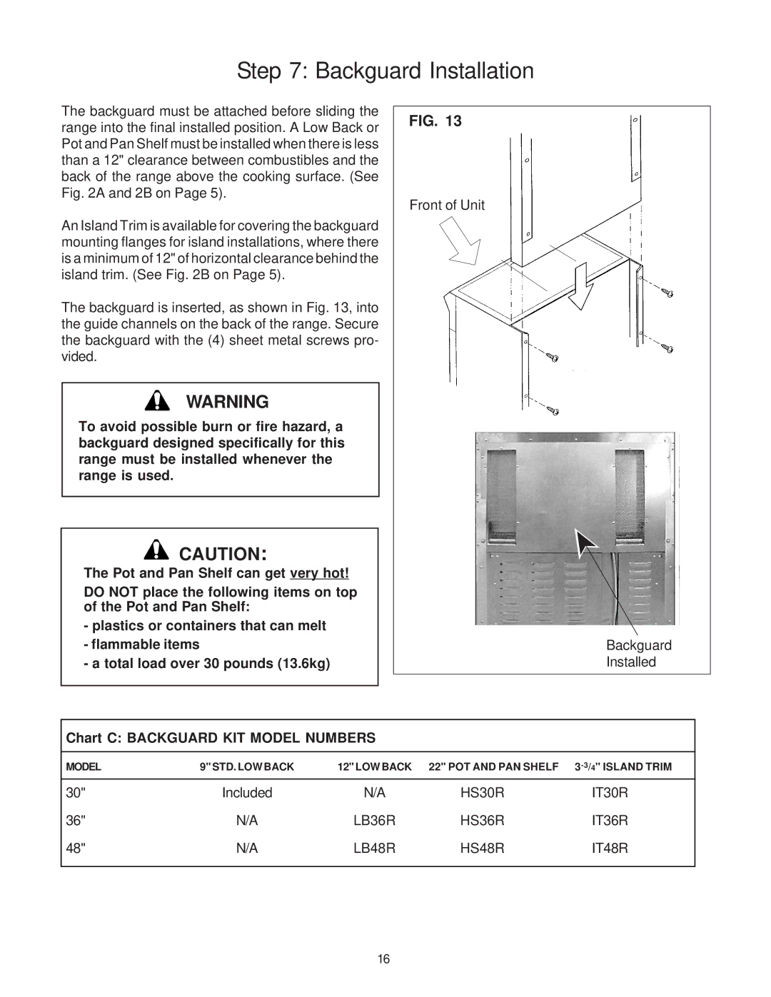 Thermador PD30 installation instructions Backguard Installation, Chart C Backguard KIT Model Numbers 