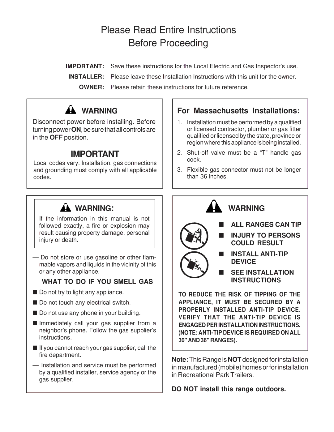 Thermador PD30 installation instructions Please Read Entire Instructions Before Proceeding, For Massachusetts Installations 