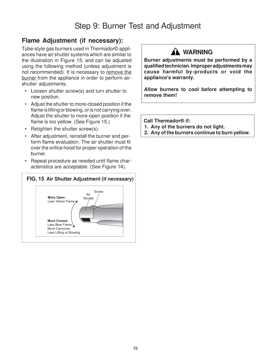 Thermador PD30 installation instructions Flame Adjustment if necessary, Air Shutter Adjustment if necessary 