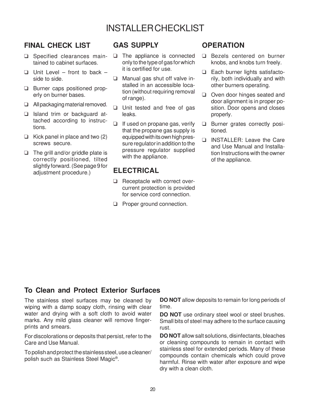 Thermador PD30 Final Check List, GAS Supply, Electrical, Operation, To Clean and Protect Exterior Surfaces 